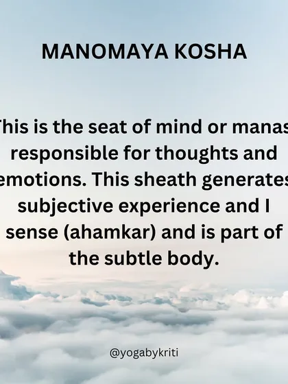 The Manomaya Kosha is the mental sheath, responsible for thoughts, emotions, and our sense of 'I' (ahamkara). It is a key layer of our subtle body.