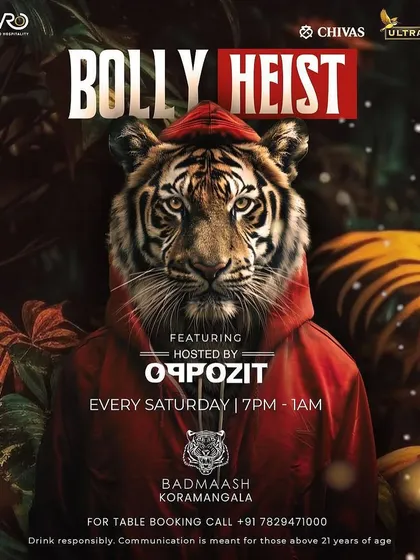 The poster for my weekly Saturday residency, 'Bolly Heist', at Badmaash Koramangala.