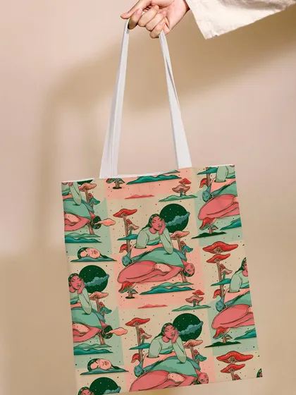A tote bag mockup with the 'Daydreaming' pattern.