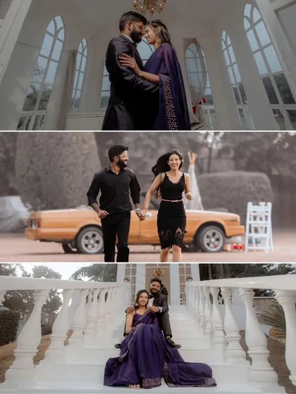 A collage showcasing the variety of romantic settings at The Shooting Village, from a vintage car to a grand white staircase, perfect for a pre-wedding shoot.