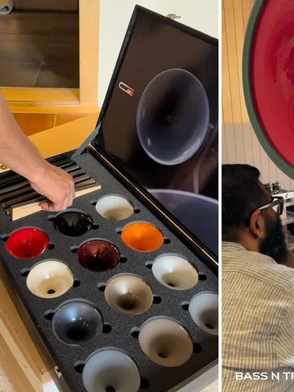 Choosing the perfect color. The Avantgarde speakers come with a sample kit of 12 horn colors, allowing for complete customization to match any interior.