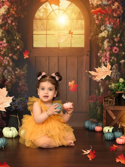 An enchanted autumn doorway for a little princess. The warm lighting, falling leaves, and colorful flowers create a truly magical and whimsical setting.