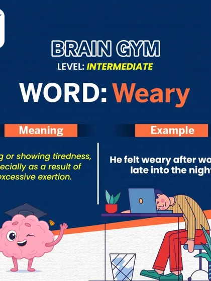 Today's intermediate word is 'Weary', which means feeling very tired. Instead of just saying 'tired', using 'weary' adds more depth to your expression, for example, "He felt weary after working late."