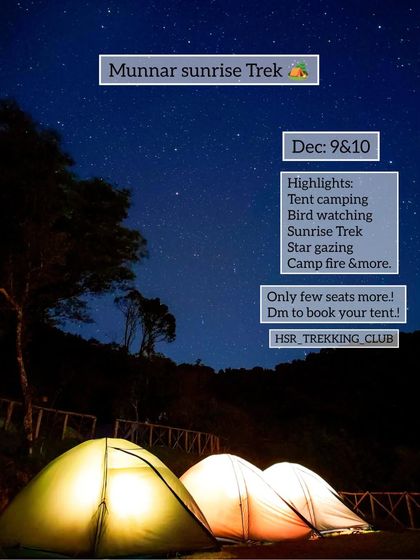 A promotional image of the Munnar campsite at night, with glowing tents under a starry sky.