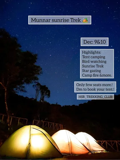 A poster for the Munnar sunrise trek, highlighting the tent camping under the stars.