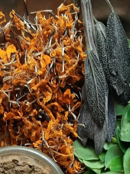 A collection of some of the beautiful, natural ingredients I use in my haircare products. Here you can see dried calendula, sage leaves, moringa, and various herbal powders.