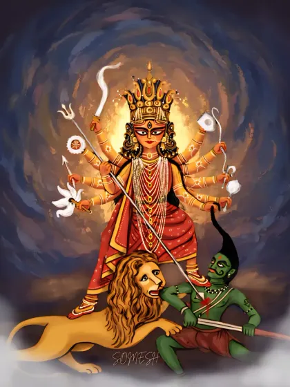 I created this digital illustration of Goddess Durga, showing her power and calm at the same time. She is defeating Mahishasur while her expression remains serene. This piece is my tribute to the divine feminine energy, recreated in my own doodle style.
