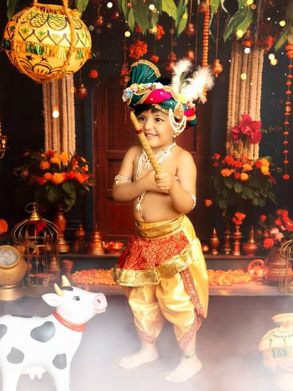 Standing tall with his flute and a toy cow, this little Krishna strikes a proud pose. The elaborate backdrop adds a grand, festive feel.