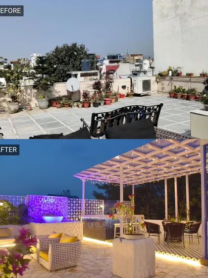 This messy rooftop is now a chic, all-white lounge perfect for evening parties. We used a white pergola, white furniture, and purple and blue mood lighting to create a club-like atmosphere.