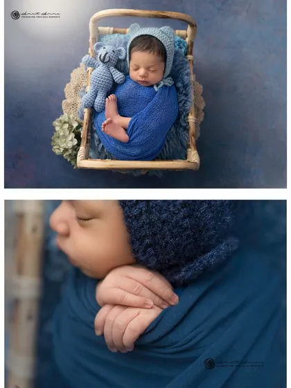 A collage focusing on the details of the blue bear theme, from the tiny toes peeking out to the close up of the baby's hands.