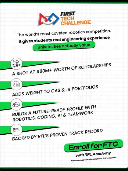 This infographic clearly lists the benefits of joining our FTC team: a shot at scholarships, a stronger college portfolio (CAS & IB), a future-ready profile, and the backing of our proven track record.