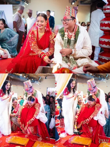 A collage of the wedding ceremony, showing the couple participating in the rituals and the playful moments that follow.