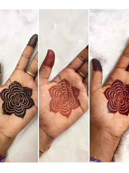 Here’s a look at my henna process. This shows a simple floral design right after application, after the paste is removed, and the final, fully matured dark stain 48 hours later. This is the magic of all-natural henna.