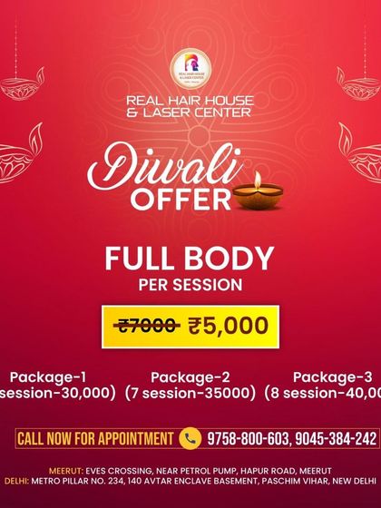 This Diwali, get a full body laser hair removal session for just ₹5,000 instead of ₹7,000. We also have multi-session packages available at discounted rates to help you glow this festive season.
