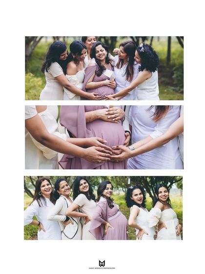 A triptych celebrating friendship. These photos beautifully capture the moment friends surround the mom-to-be, placing their hands on her belly in a gesture of love and support.