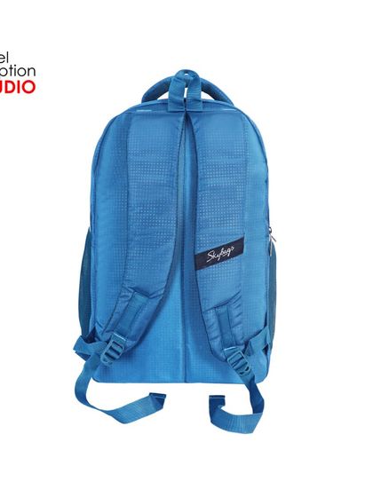 The back view of a blue Skybags backpack, displaying the branded straps and back design.