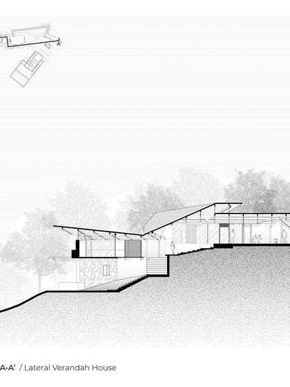Section A-A of the Lateral Verandah House, detailing its relationship with the downward slope of the hill. The drawing clarifies how the structure creates a pause in the landscape, with a verandah that opens up to the view.