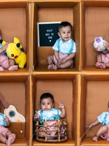 A creative composite image showing a six-month-old baby in six different playful poses within a grid of boxes.