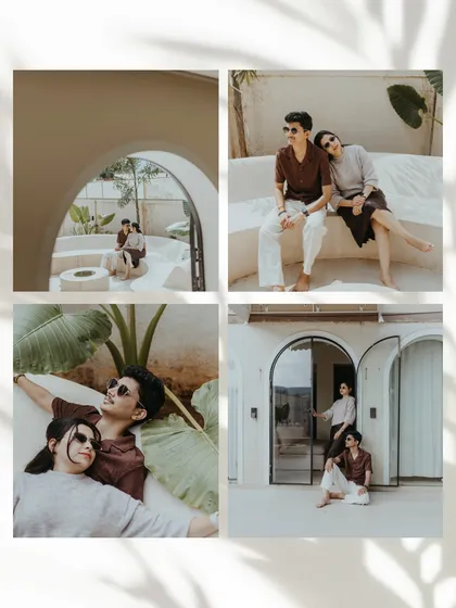 A four-panel grid showcasing a modern, architectural setting within a natural landscape. The couple's relaxed poses and stylish outfits create a chic, resort-like feel.