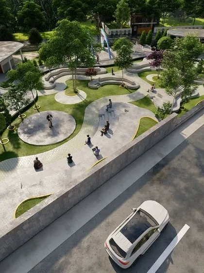 An alternate aerial view of the 'Take A Break' proposal, showing the organic shapes of the park and seating areas. This project reflects our interest in creating thoughtful public spaces.
