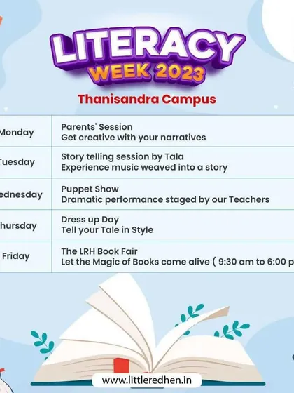 Announcing our Annual Literacy Week 2023 at the Thanisandra campus. A week filled with parent sessions, puppet shows, dress-up days, and a book fair to celebrate the magic of reading.