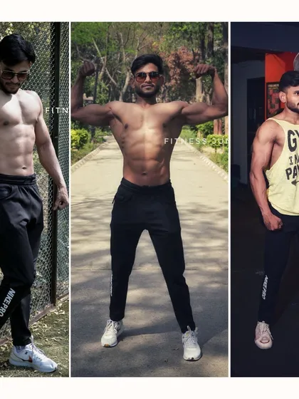 This set of three images shows the versatility of a fitness shoot, combining indoor and outdoor locations. It provides a variety of looks, from intense gym poses to more relaxed, powerful stances in a natural environment.