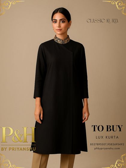 A classic black angrakha-style kurta, defined by its overlapping front panel and a beautifully hand-embroidered collar. This piece is a timeless expression of grace.