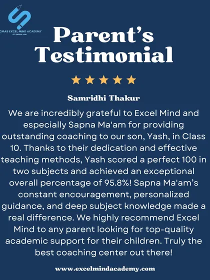 The trust of our parents is our biggest achievement. We are grateful for this testimonial highlighting how our personalized guidance helped Yash score a perfect 100 in two subjects and achieve an overall percentage of 95.8% in Class 10.