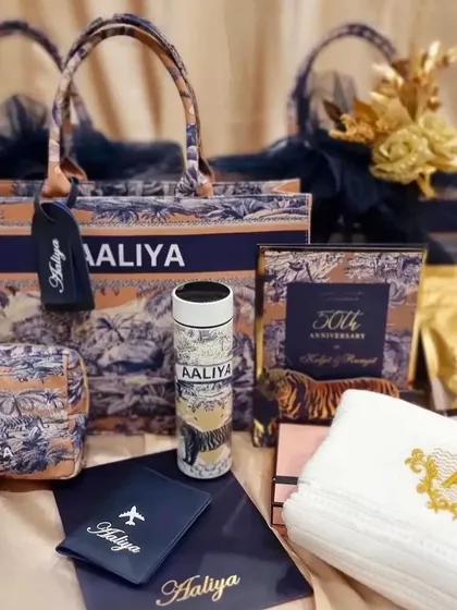 We love putting together the perfect gift, like this stunning anniversary hamper. It features a personalised tote bag, matching pouch, custom tumbler, embroidered towels, and a passport cover, all curated to celebrate a special milestone.