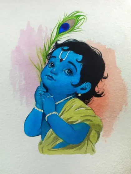 A watercolor painting of Baal Gopal in a moment of quiet innocence. The soft background and gentle expression are meant to evoke a feeling of peace and devotion. This piece is available as a print.