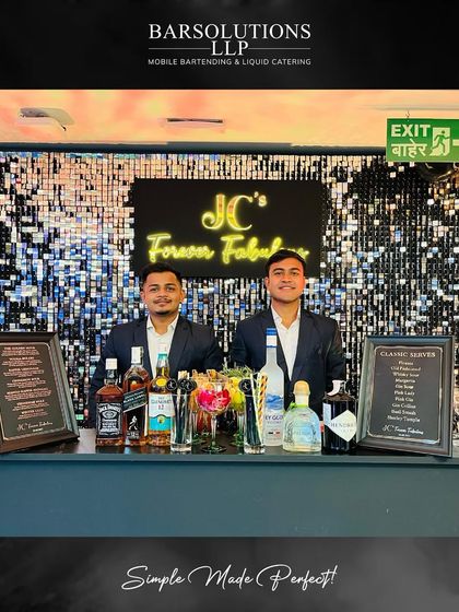 Our team ready to serve at the "JC's Forever Fabulous" birthday party, with a full range of premium spirits and custom menus.