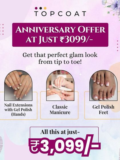 To celebrate our anniversary, we put together this amazing glam package. For ₹3099, you get nail extensions with gel polish, a classic manicure for perfect shaping and cuticle care, and gel polish for your feet. It's a complete tip-to-toe makeover.