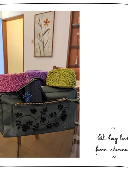 Our patron Ameeta's Kit Bag in Black Lace Moss, perfectly holding her knitting supplies. It's a great example of how our bags can be adapted for various hobbies and uses.