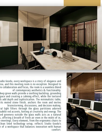 A collage detailing different functional zones of the office, including the tech-equipped meeting room and the open-plan workstation area with natural wood blinds.