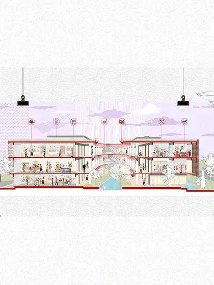 This full sectional view of the conceptual retail plaza hangs like a piece of art, illustrating the entire ecosystem of the project. It shows how different programmatic elements are connected by bridges and open-air corridors, all surrounded by nature.
