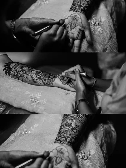 A black and white collage focusing on the process of the mehndi application. This style emphasizes the texture and intricate patterns of the design.