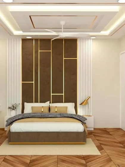 A full view of the bedroom, showcasing the symmetrical design of the headboard wall, which combines dark wood and white fluted panels.