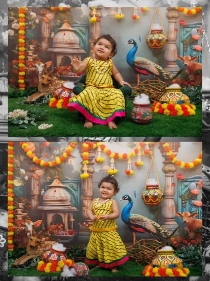 A collage showing a little Radha in two different poses, sitting and standing, in the vibrant Gokul theme.