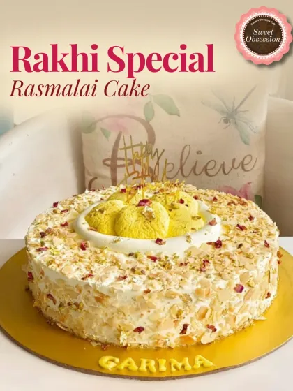 My special Rasmalai Cake, created for Raksha Bandhan. This fusion dessert combines the beloved flavor of rasmalai with a soft, moist cake, garnished with nuts and pistachios.
