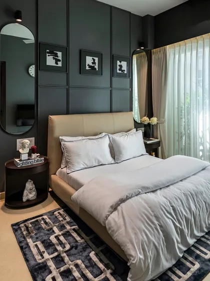 A bedroom can be a space of quiet contemplation. Here, I used a dark, enveloping color palette and strong vertical lines to create a sophisticated and calming atmosphere. The design proves that boldness and tranquility can coexist, resulting in a space that feels both confident and serene.