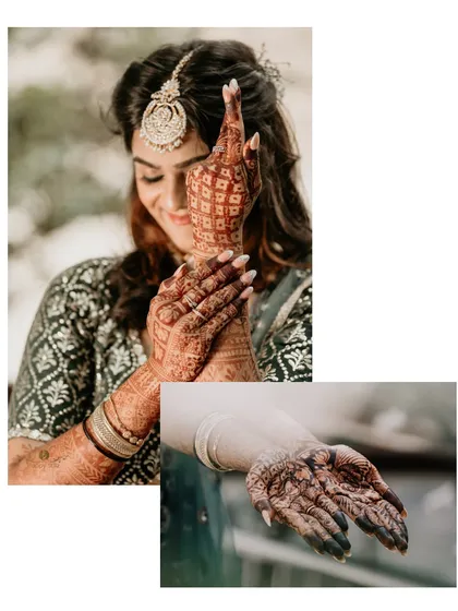 A diptych showing the bride's beautiful mehndi design. The top frame is a classic portrait, while the bottom shows the dark stain of the henna, a sign of a happy marriage ahead.