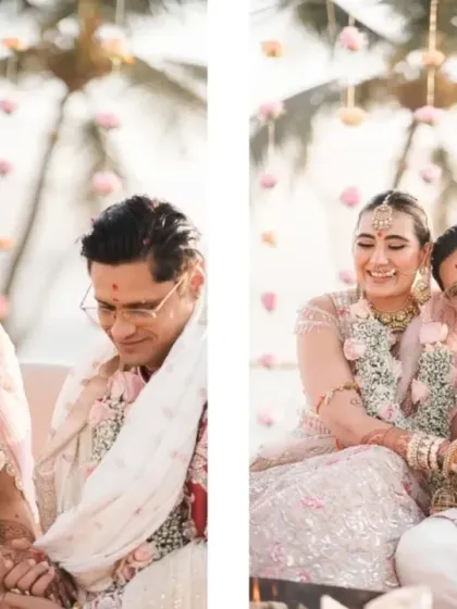 A collage of candid moments at the mandap, showing the couple's playful and loving interactions. These unposed shots perfectly capture their chemistry and the joy of the ceremony.