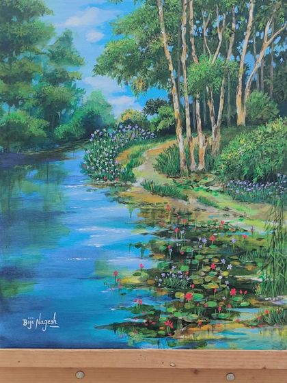 A clear, bright shot of my completed 'Lotus Pond' painting, created live at Lalbagh. I love capturing the reflections in the water and the different colors of the water lilies.