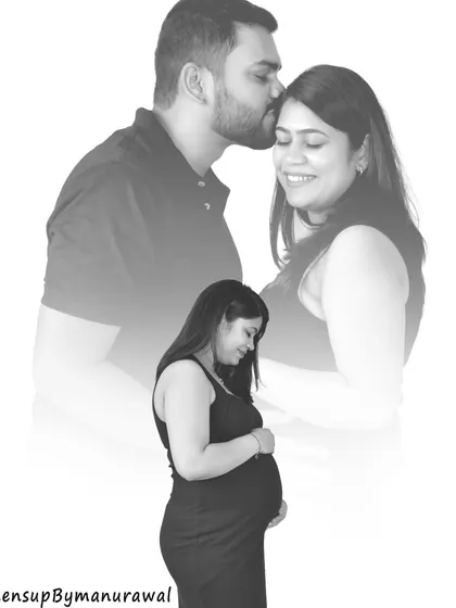 This creative double-exposure portrait in black and white blends a close-up of a tender kiss with a profile of the mother-to-be. It's an artistic way to represent the love and life you are creating together.