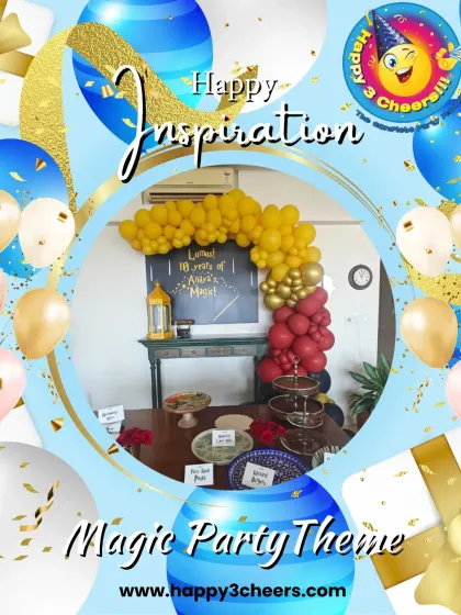 This graphic advertises the "Magic Party Theme," inspired by Harry Potter. It shows the setup with the balloon arch and themed food table, highlighting it as one of the unique concepts I offer.