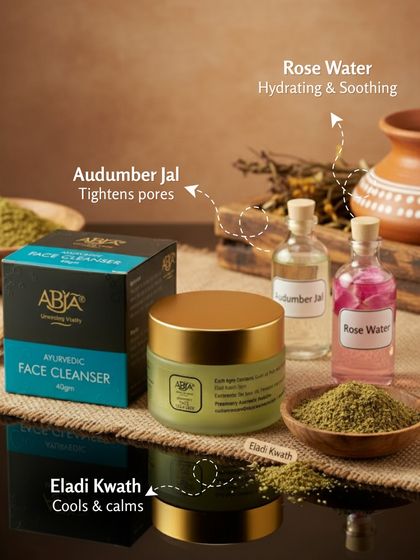 The key ingredients in my face cleanser include Rose Water for hydration, Audumber Jal to tighten pores, and Eladi Kwath to cool and calm the skin.