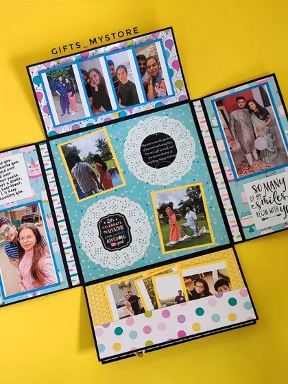 A page from a birthday scrapbook, showing how I combine photos with cute messages and decorative paper.