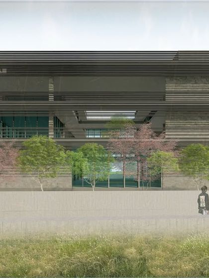 The facade of the Museum Block, designed around a central courtyard to bring in light and air. The modular grid allows for future flexibility and expansion.