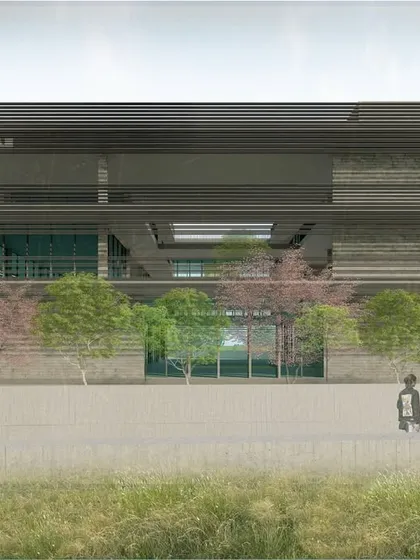 The facade of the Museum Block, designed around a central courtyard to bring in light and air. The modular grid allows for future flexibility and expansion.