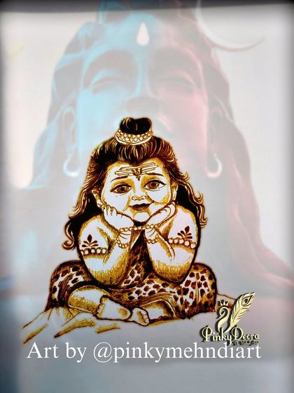 A cute depiction of Baby Shiva for the holy month of Sawan. When Shiva is drawn in mehndi, it's not just art but an expression of faith and emotion.